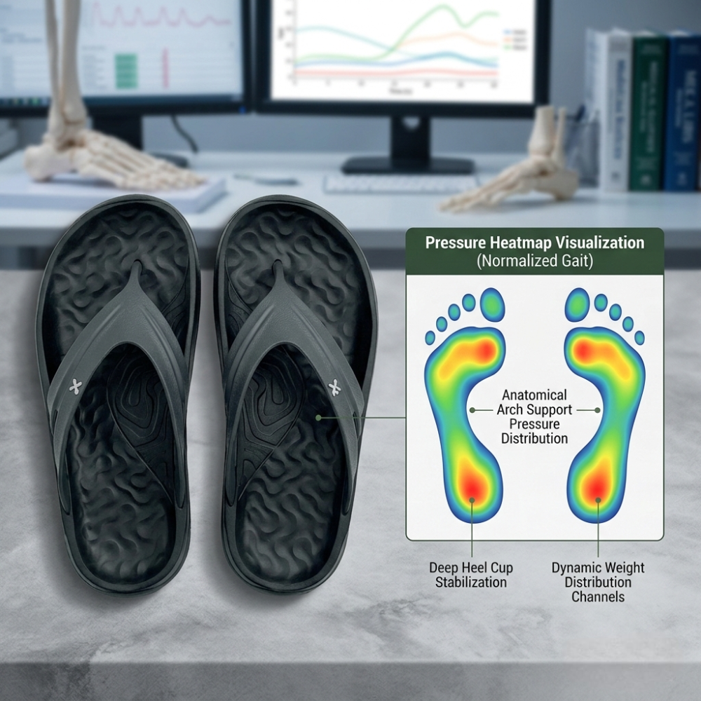 Sandal Porto X dengan latar belakang riset biomekanika dan heatmap tekanan kaki